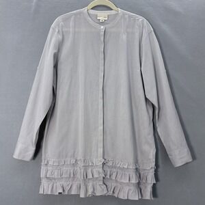 Pure DKNY Tunic Top Large‎ Gray White Gingham Ruffle Hem Roll Tab Sleeves Preppy